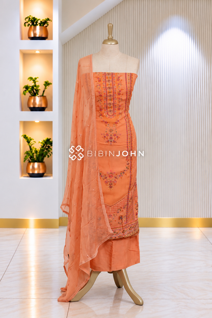 Organza Embroidery Unstitched Salwar Suit Material Peach Orange BJ2093