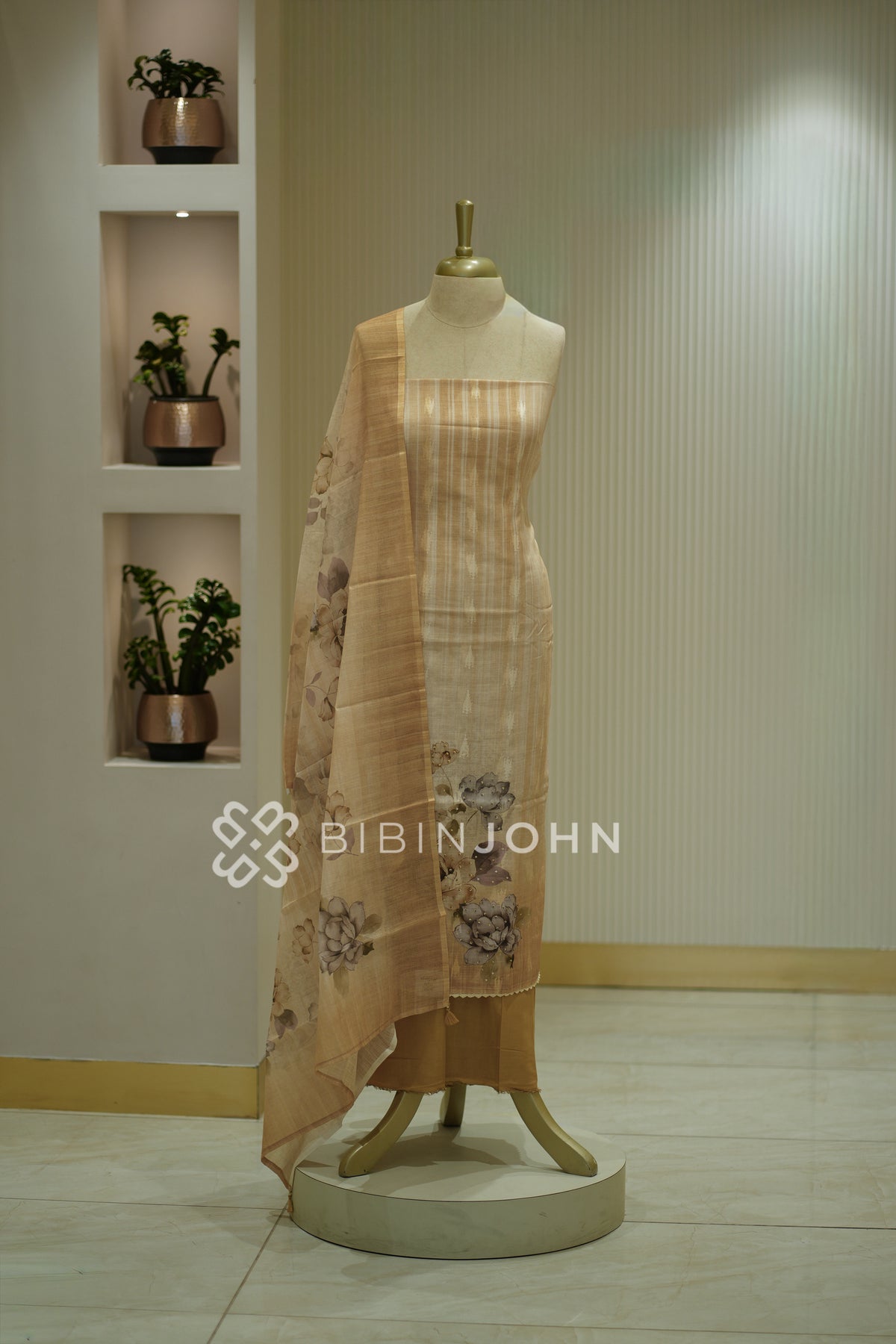 Printed Art Linen Unstitched Salwar Suit Material Warm Beige BJ2376