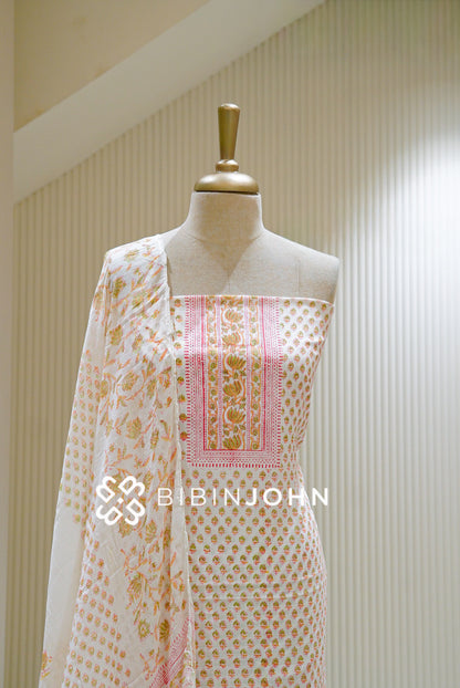 Printed Cotton Unstitched Salwar Suit Material White BJ1119