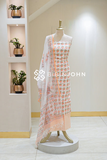 Printed Cotton Unstitched Salwar Suit Material White with Peach Orange BJ2802