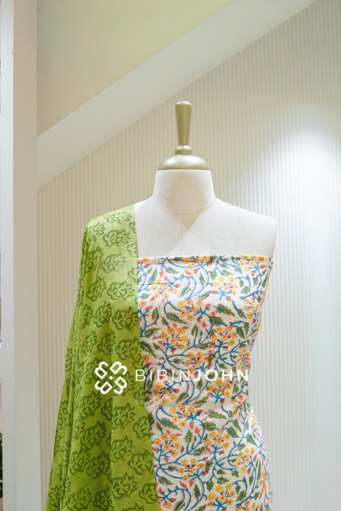 Printed Cotton Unstitched Salwar Suit Material Ivory White With Leaf Green BJ2628