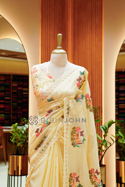 Cotta Embroidery Saree For Women Pale Yellow close view