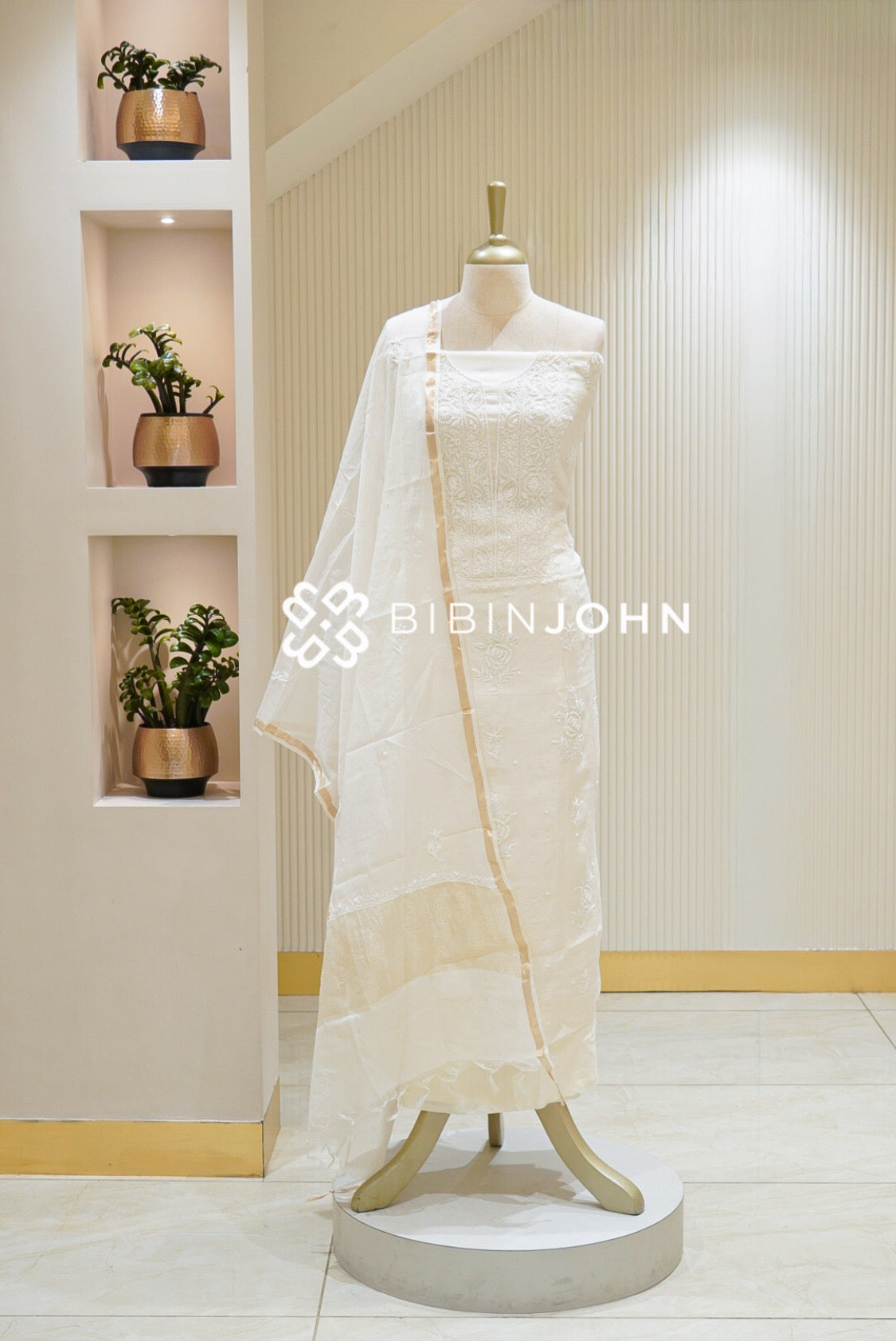 Chanderi Chikankari Unstitched Salwar Suit Material Ivory White BJ2823