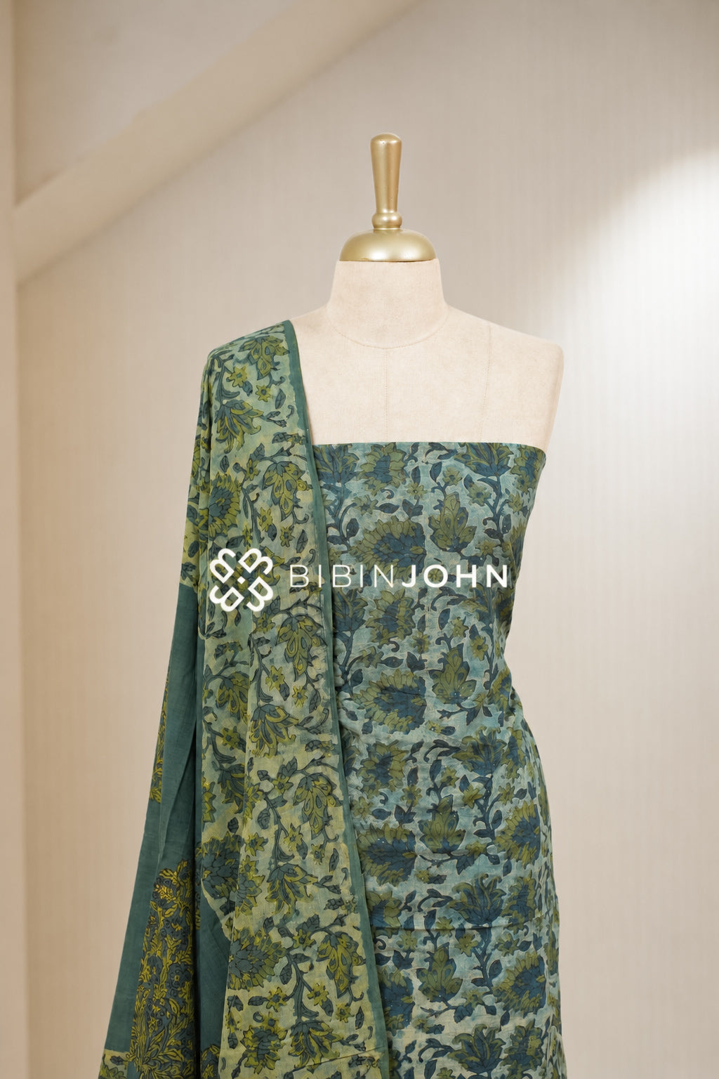 Printed Cotton Unstitched Salwar Suit Material Dusty Teal Green BJ1938