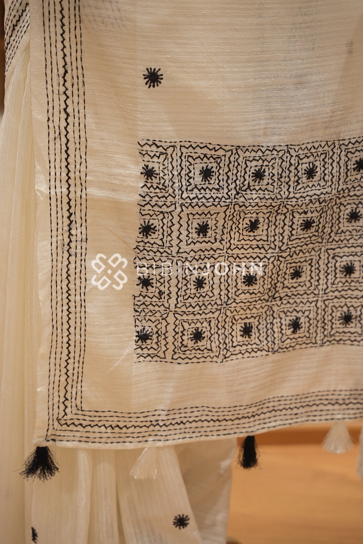 Silk Embroidery Saree For Women Ivory Cream With Black BJ1653