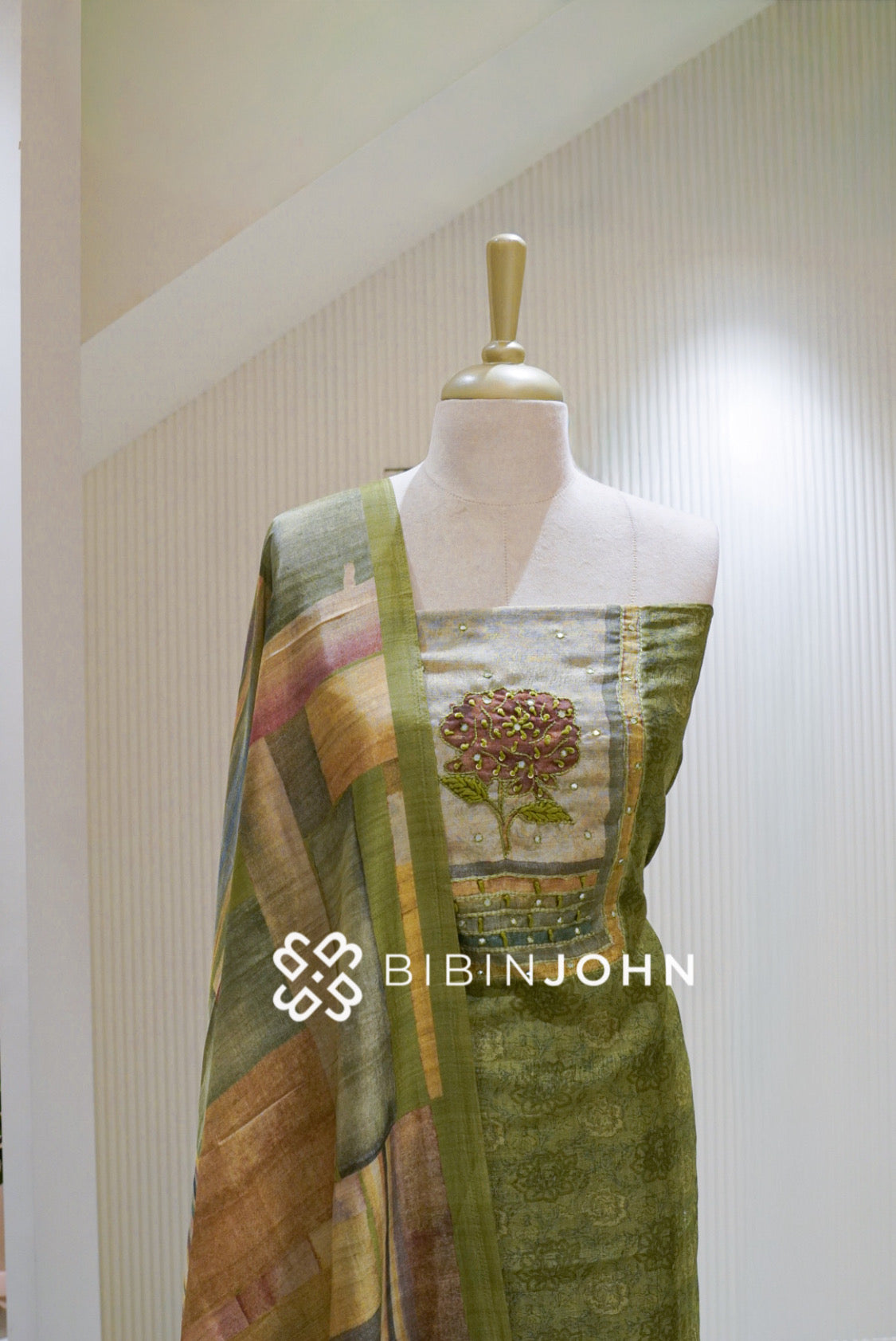Semi Silk Embroidery Unstitched Salwar Suit Material Olive Green BJ2491