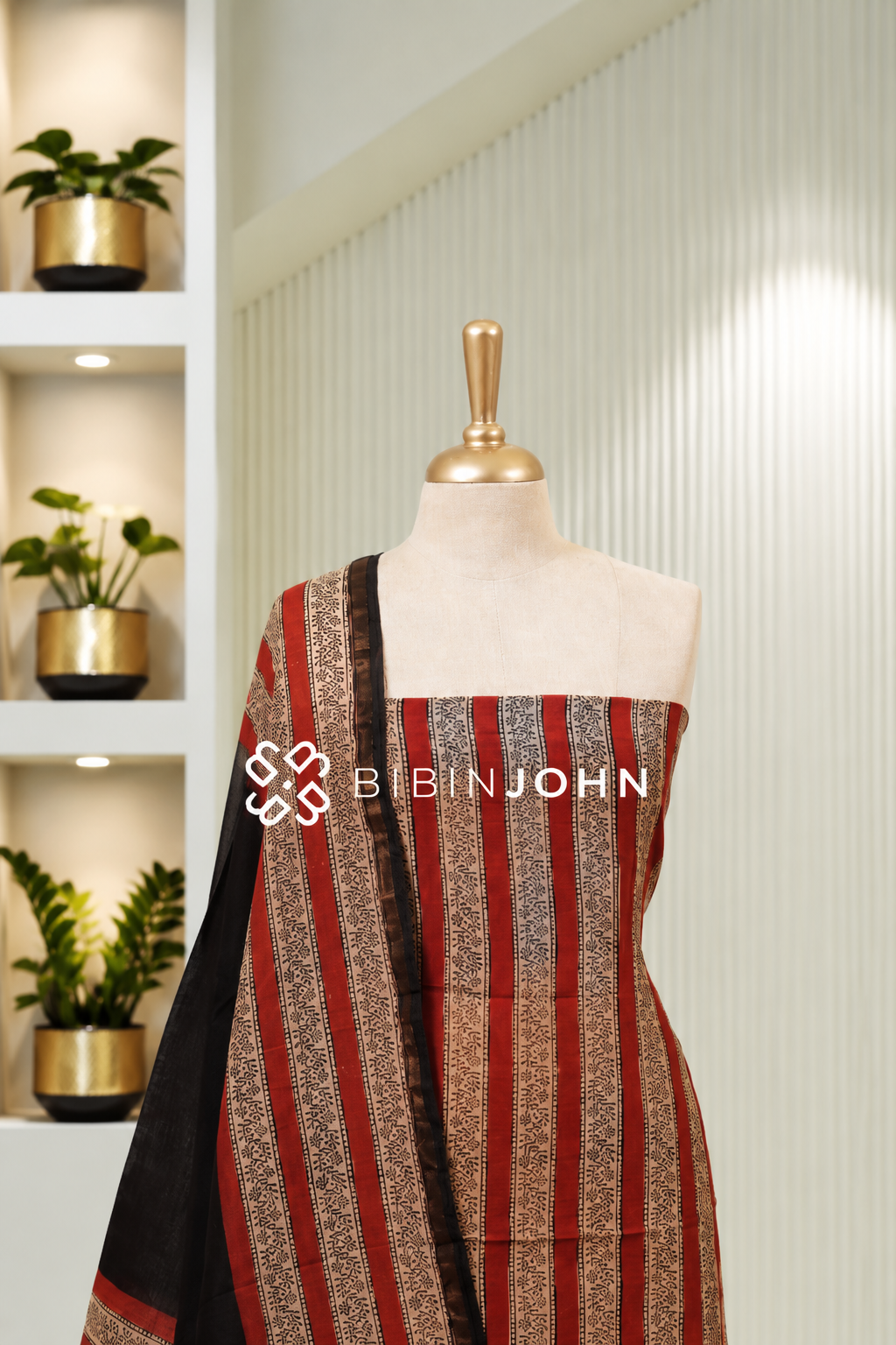 Printed Chanderi Unstitched Salwar Suit Material Rust Red With Beige BJ1952