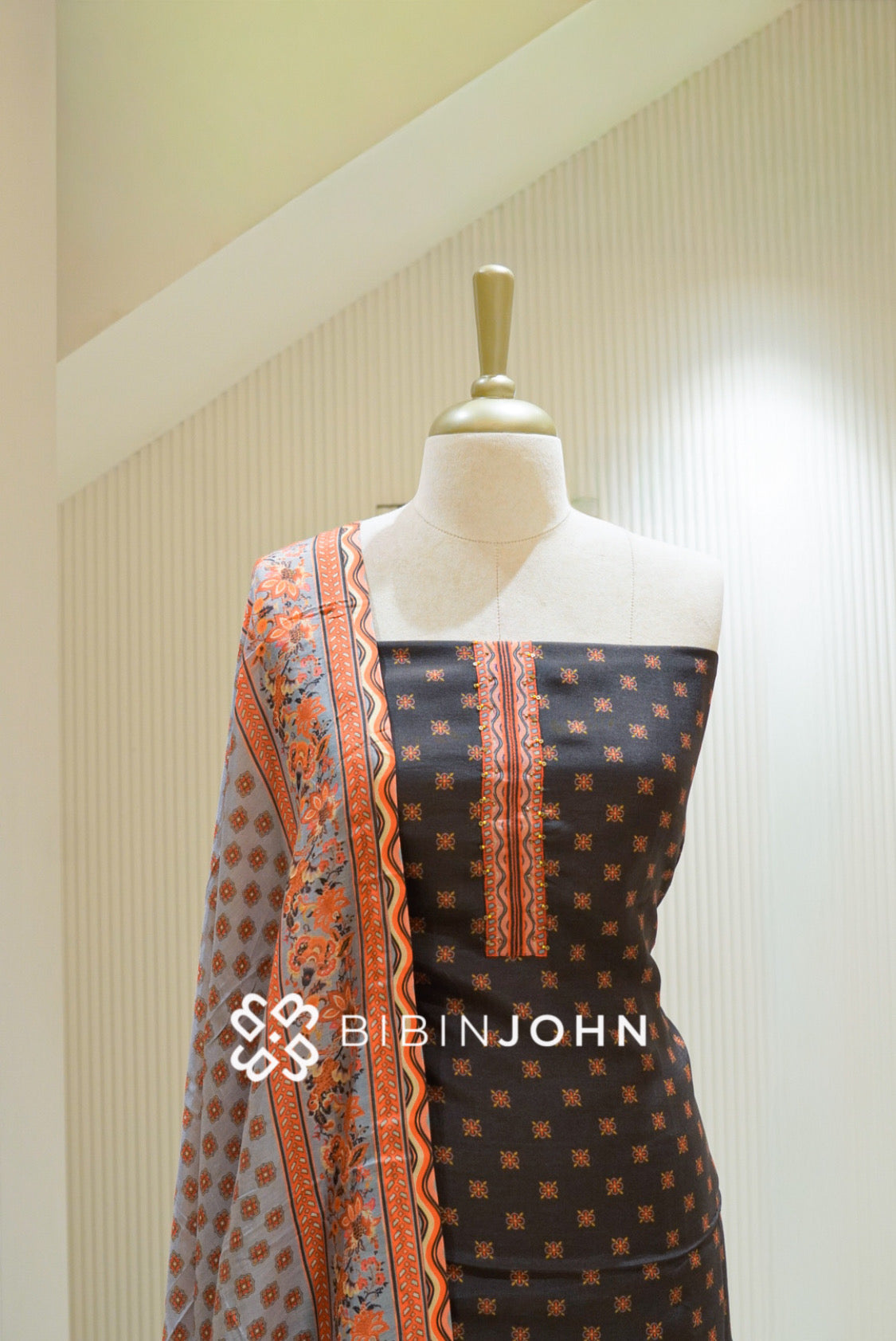 Muslin Embroidery Unstitched Salwar Suit Material Charcoal Grey With Orange BJ2746