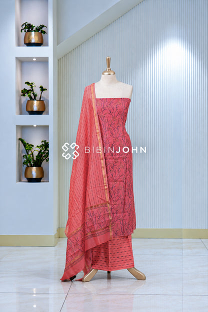 Printed Chanderi Unstitched Salwar Suit Material Coral Pink BJ1957