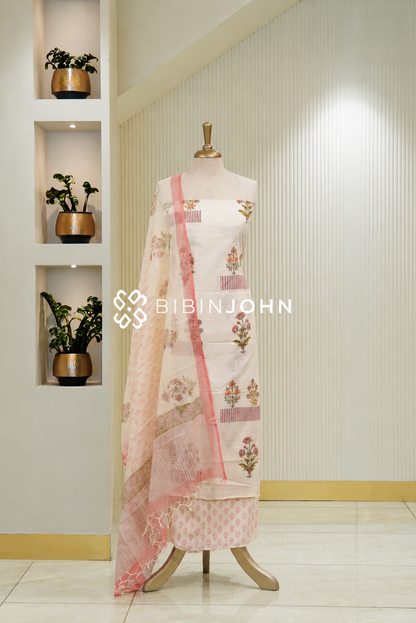 Printed Cotton Unstitched Salwar Suit Material Off-White BJ1800