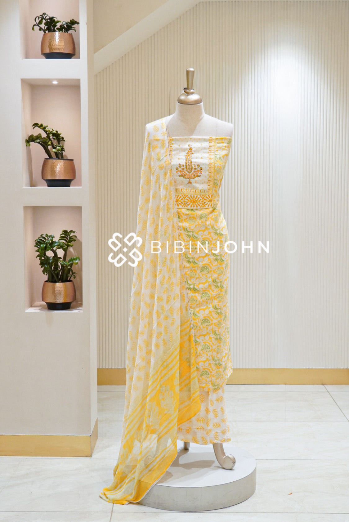 Cotton Embroidery Unstitched Salwar Suit Material White With Sunshine Yellow BJ2747