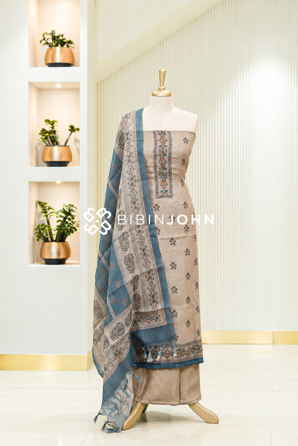 Art Linen Embroidery Unstitched Salwar Suit Material Beige BJ1913