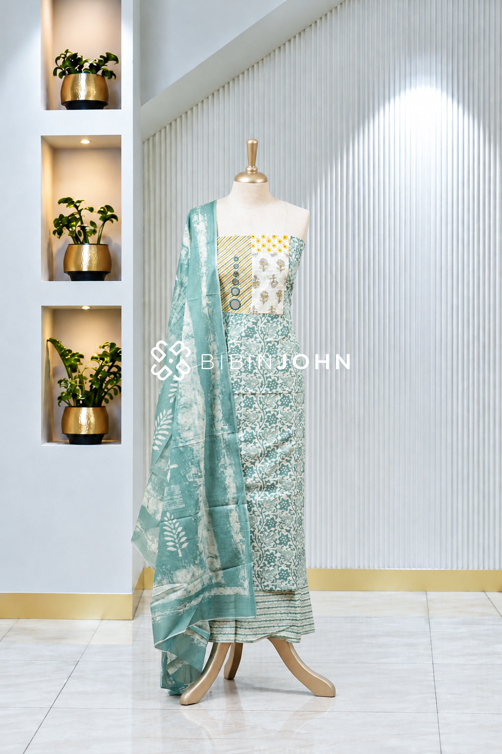 Printed Cotton Unstitched Salwar Suit Material Sea Green BJ1965