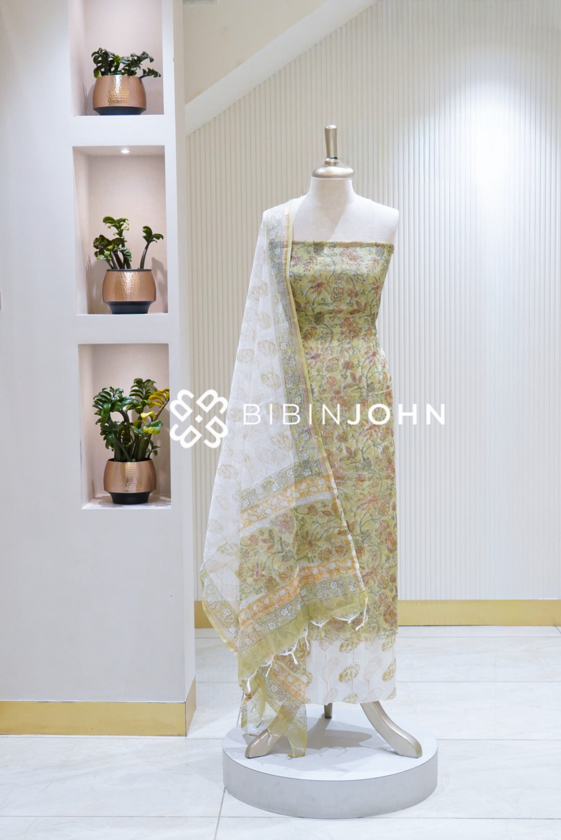 Printed Cotta Unstitched Salwar Suit Material Pastel Yellow Green BJ1704