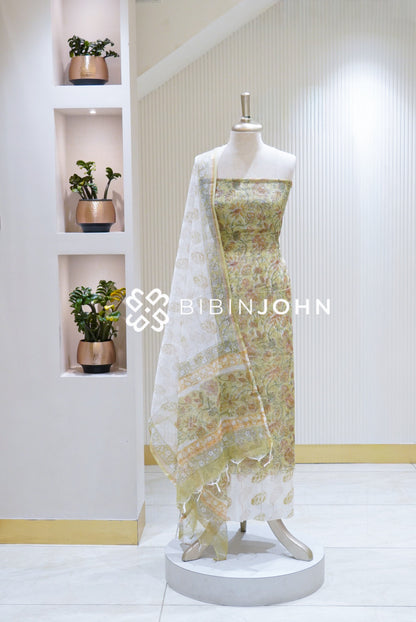 Printed Cotta Unstitched Salwar Suit Material Pastel Yellow Green BJ1704