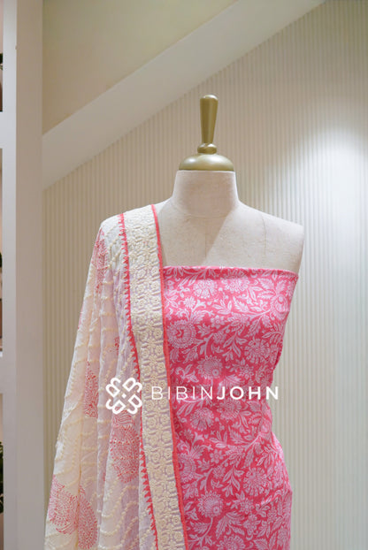 Printed Chanderi Unstitched Salwar Suit Material Rose Pink BJ1852