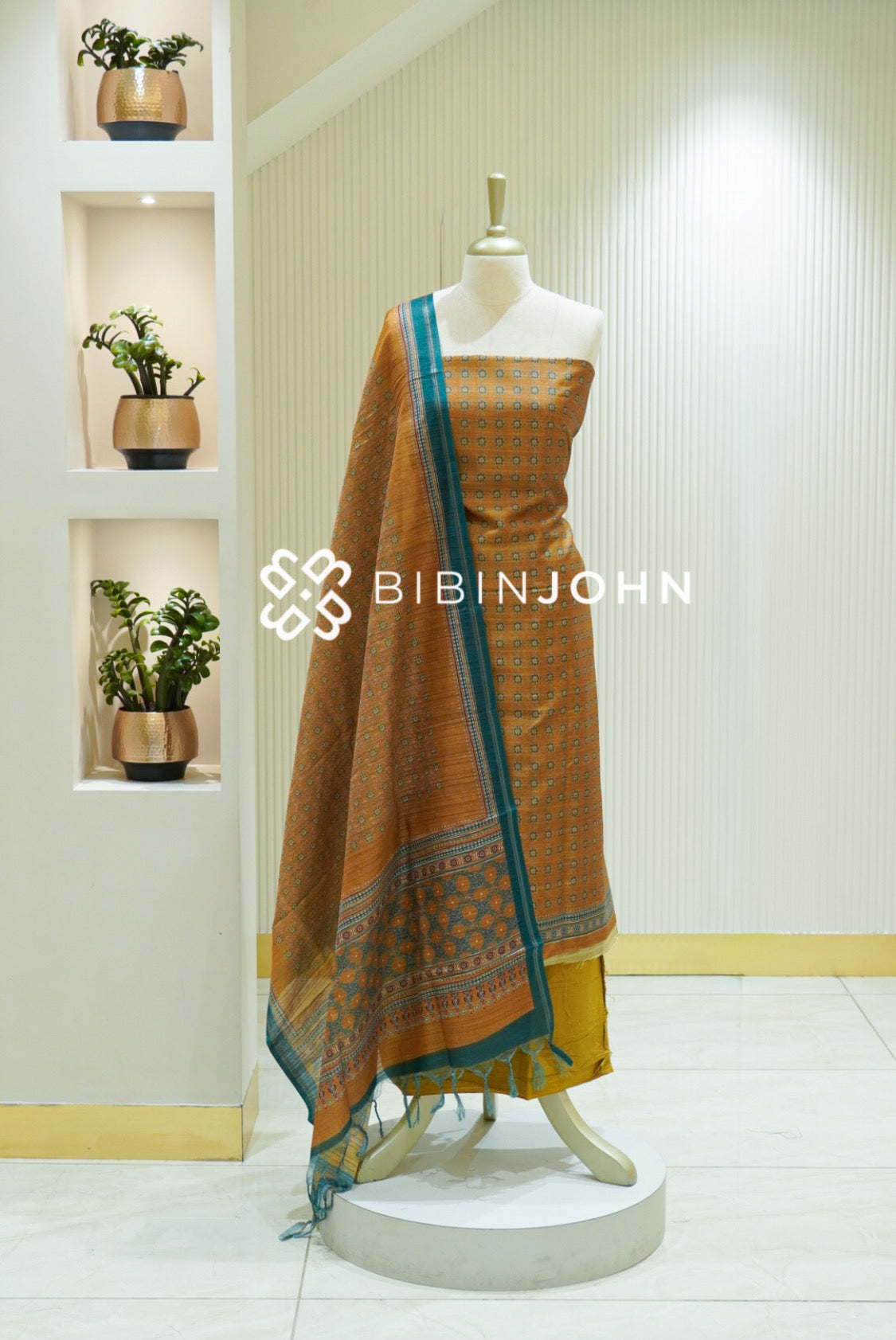 Printed Chanderi Unstitched Salwar Suit Material Mustard Ochre BJ2845