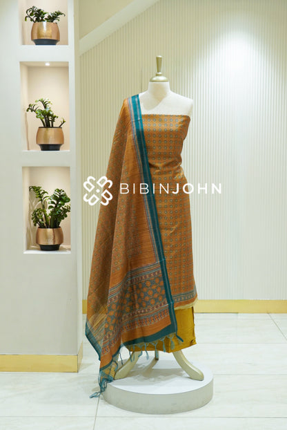 Printed Chanderi Unstitched Salwar Suit Material Mustard Ochre BJ2845