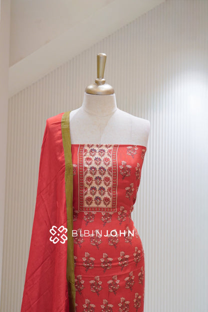 Muslin Embroidery Unstitched Salwar Suit Material Coral Red BJ1909