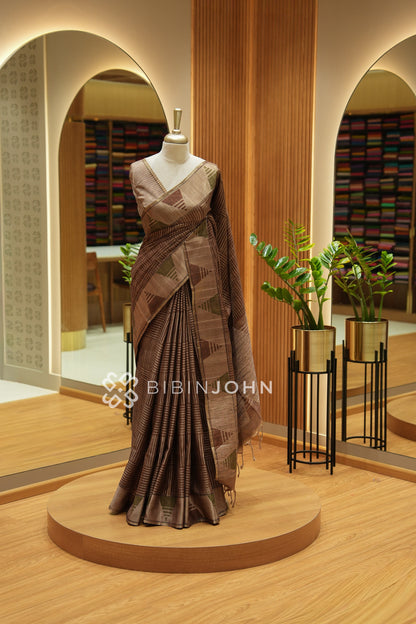 Printed Semi Tussar Saree For Women Earthy Taupe Brown BJ2458