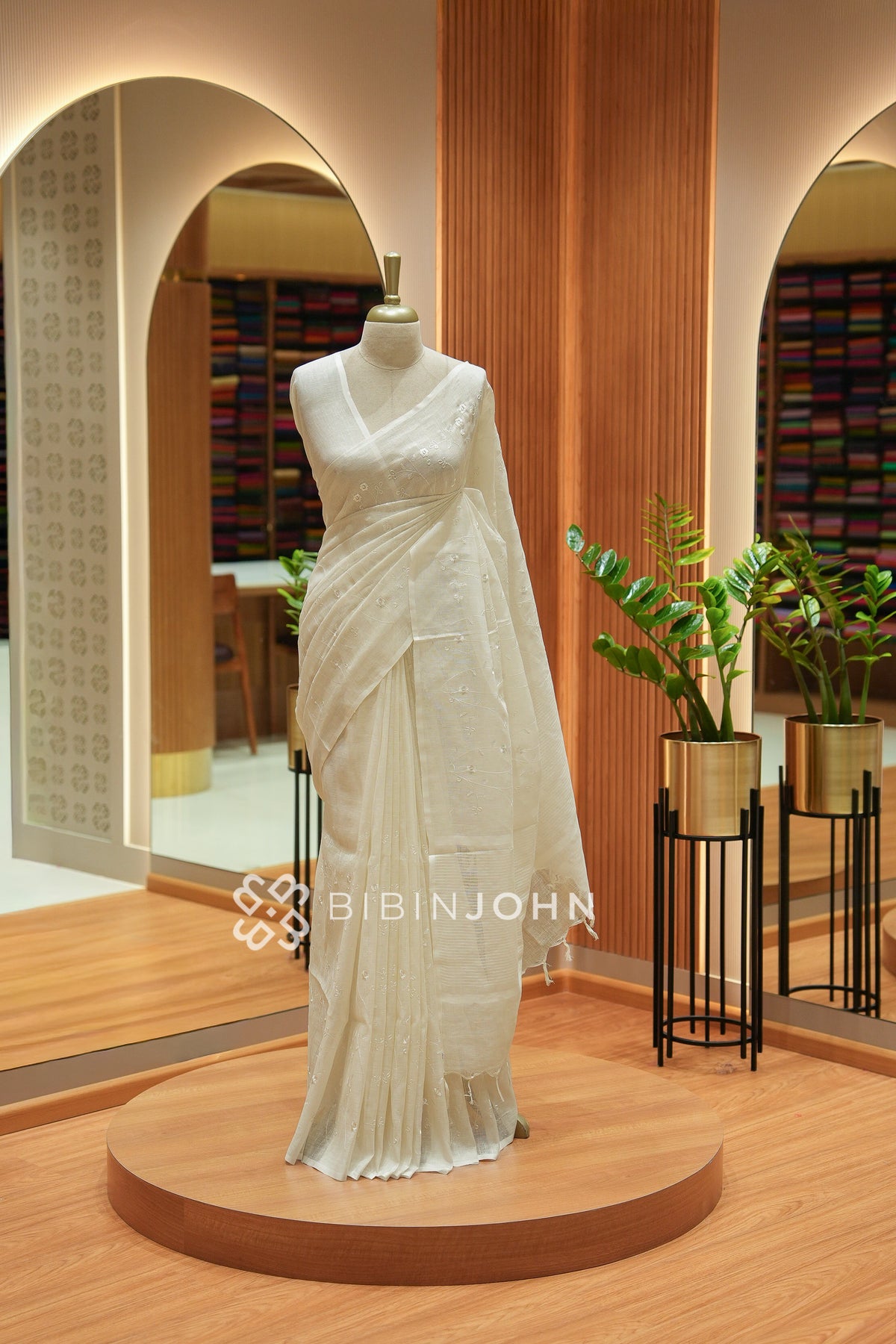 Linen Embroidery Saree For Women Ivory White BJ2461