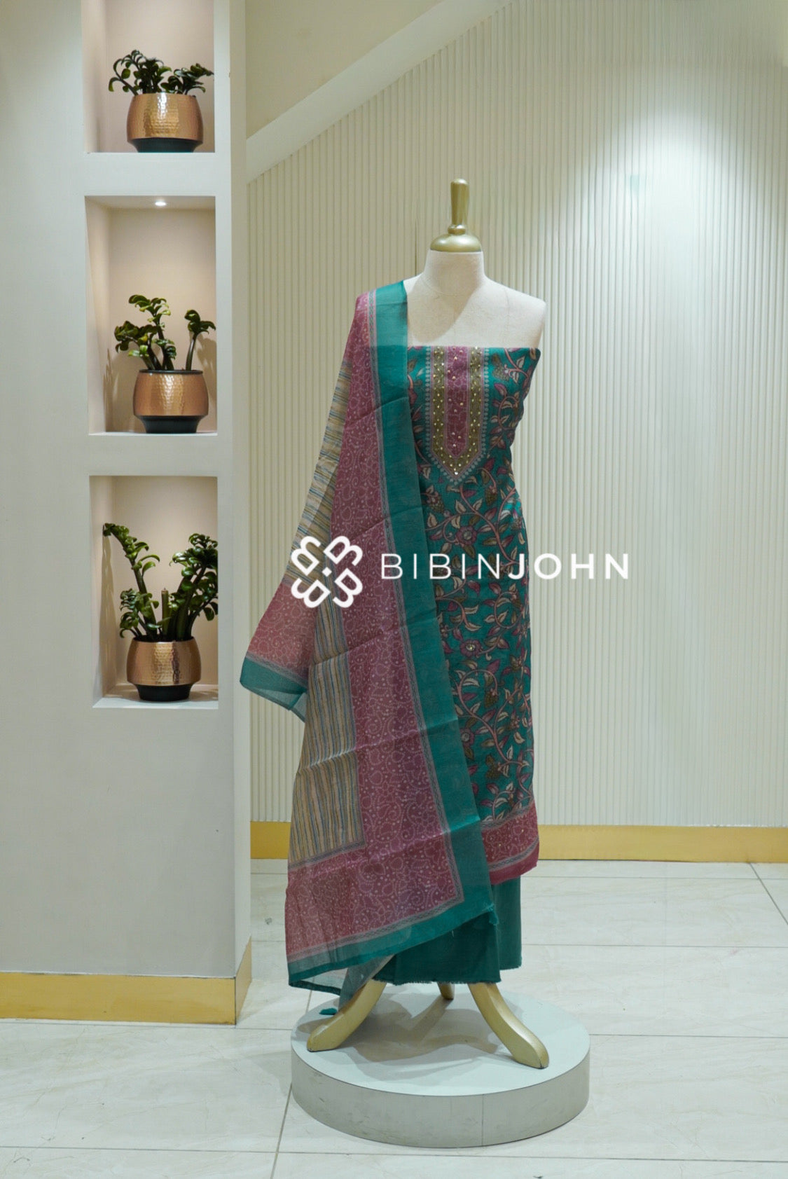 Printed Chanderi Embroidery Unstitched Salwar Suit Material Teal Green BJ2532