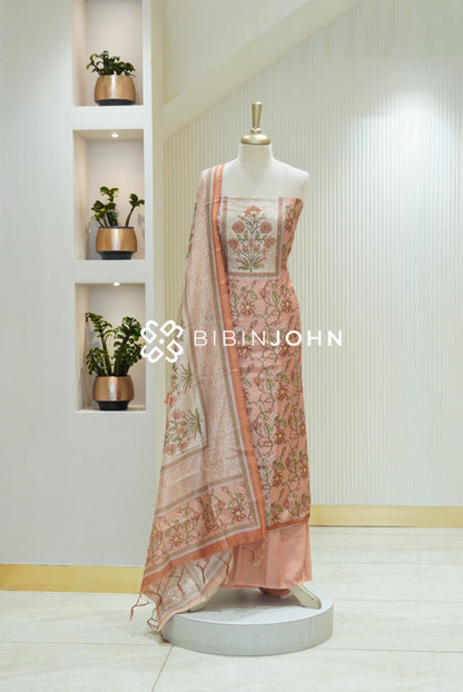 Semi Silk Embroidery Unstitched Salwar Suit Material Peach Pink BJ2365