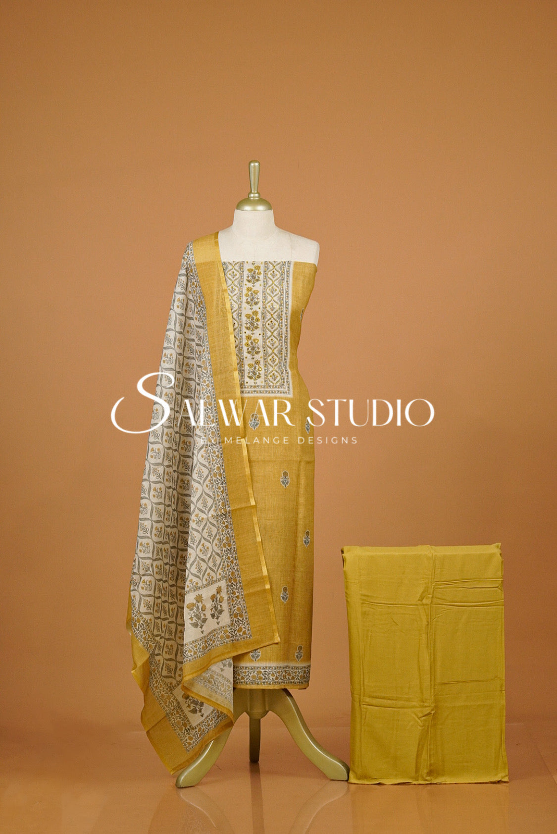 Linen Embroidery Unstitched Salwar Suit Dress Material Mustard Yellow AC0308