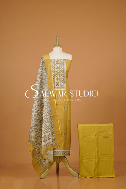 Linen Embroidery Unstitched Salwar Suit Dress Material Mustard Yellow AC0308