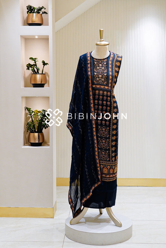 Organza Embroidery Semi stitched Salwar Suit Material Navy Blue BJ1583