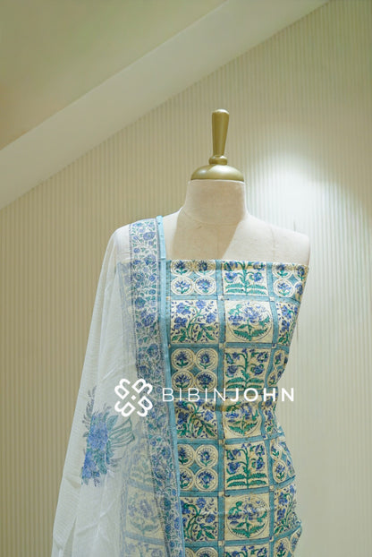 Printed Cotton Unstitched Salwar Suit Material Off White With Turquoise Blue BJ2830