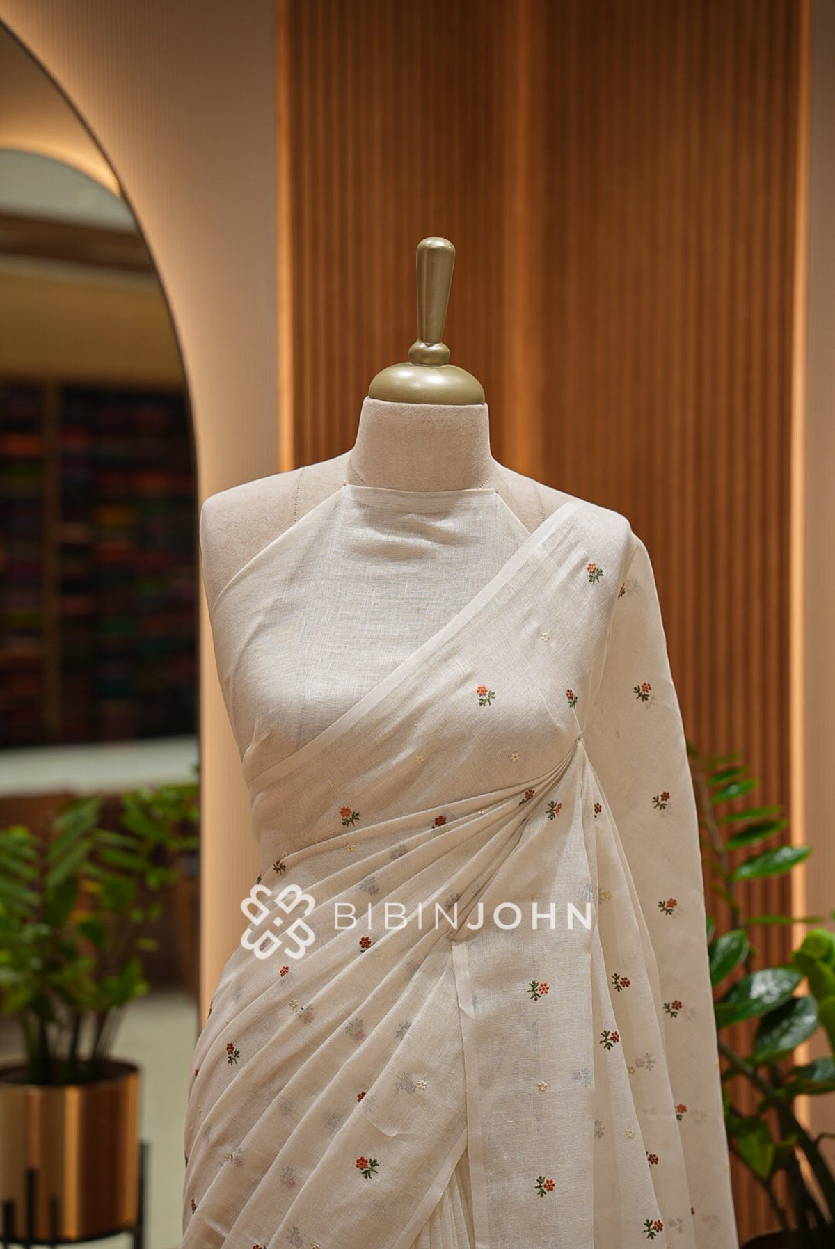 Linen Embroidery Saree Ivory-White BJ0944