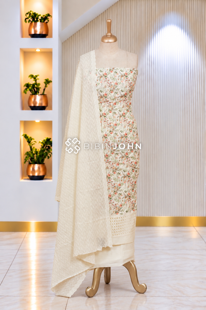 Cotton Embroidery Unstitched Salwar Suit Material Ivory White With Coral Peach BJ2096