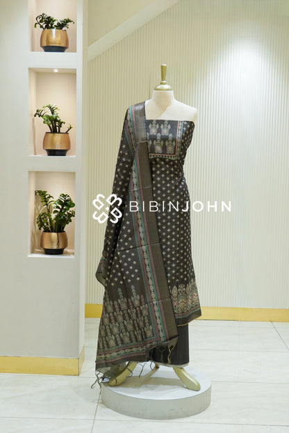 Printed Chanderi Unstitched Salwar Suit Material Dark Green BJ2839