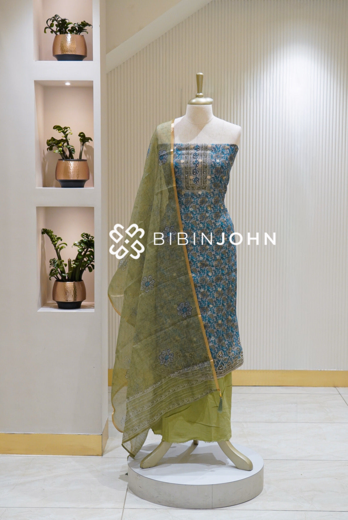 Cotta Embroidery Unstitched Salwar Suit Material Turquoise Blue and Olive Green BJ2498
