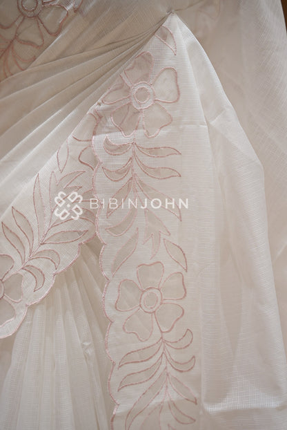 Cotta Embroidery Saree Ivory & Blush Pink BJ1053