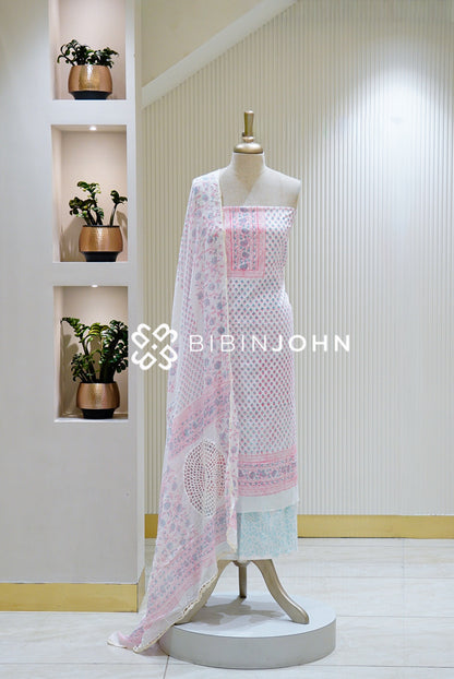 Printed Cotton Unstitched Salwar Suit Material White BJ1118