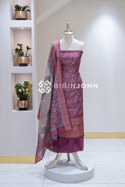 Printed Silk Unstitched Salwar Suit Material Dusty Magenta BJ1711