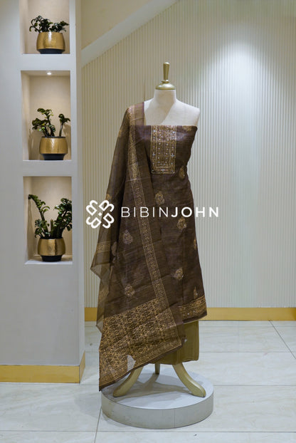 Semi Silk Embroidery Unstitched Salwar Suit Material Dark Chocolate Brown BJ2534