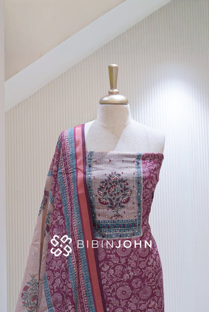 Printed Silk Embroidery Unstitched Salwar Suit Material Dusty Magenta BJ1706