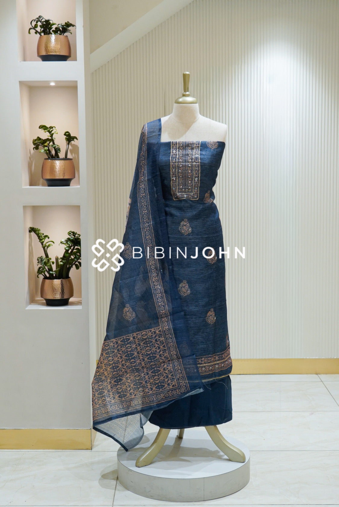 Semi Silk Embroidery Unstitched Salwar Suit Material Navy Blue BJ2533