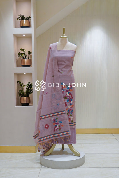 Chanderi Embroidery Weaving Unstitched Salwar Suit Material Pastel Lavender Pink BJ2606