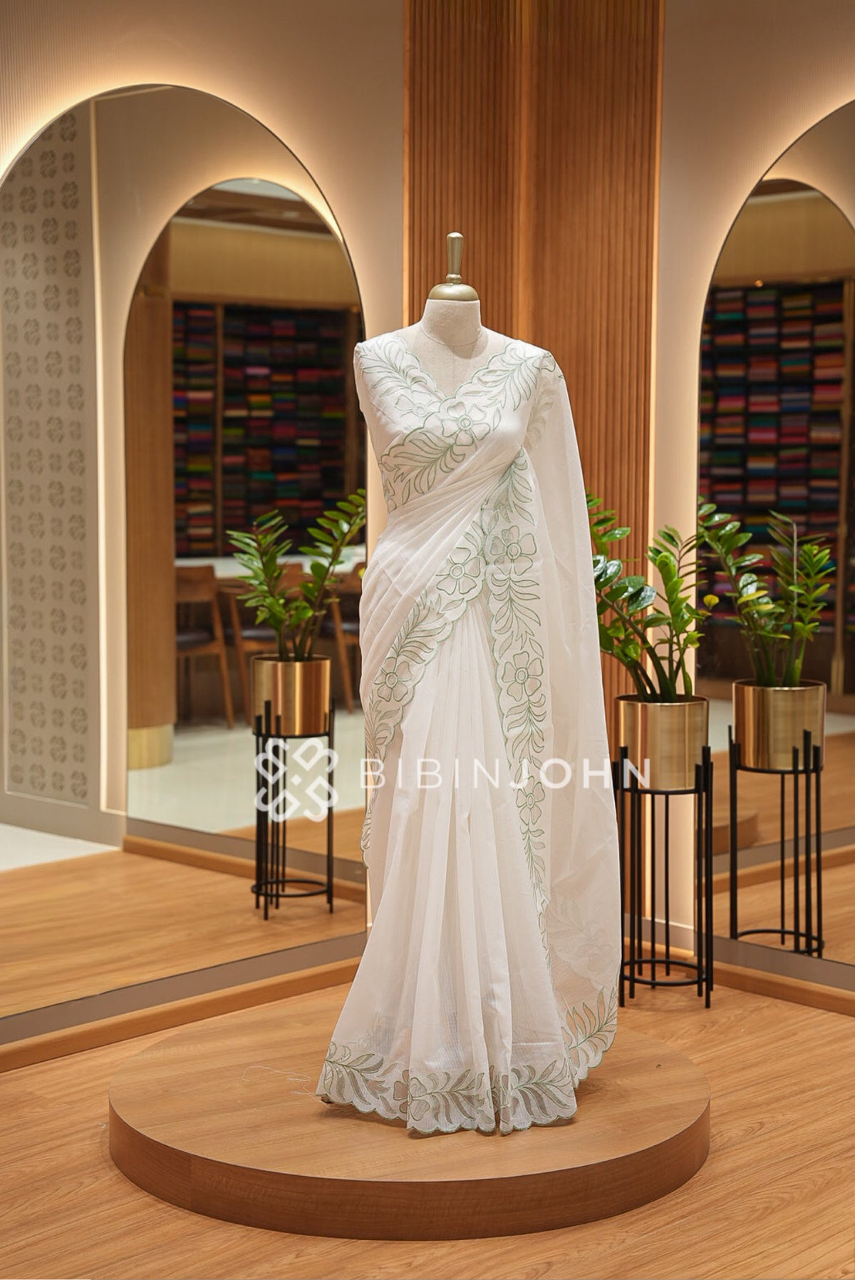 Cotta Embroidery Saree Ivory & Mint Green BJ1051