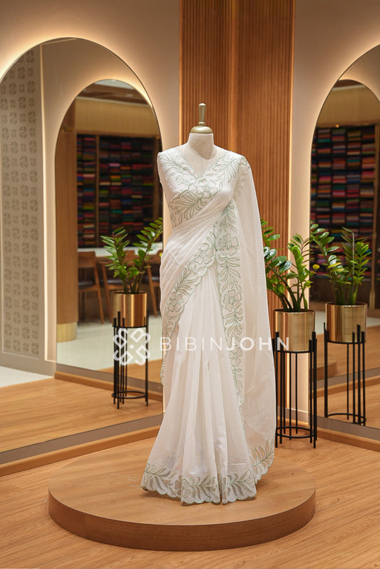 Cotta Embroidery Saree Ivory & Mint Green BJ1051