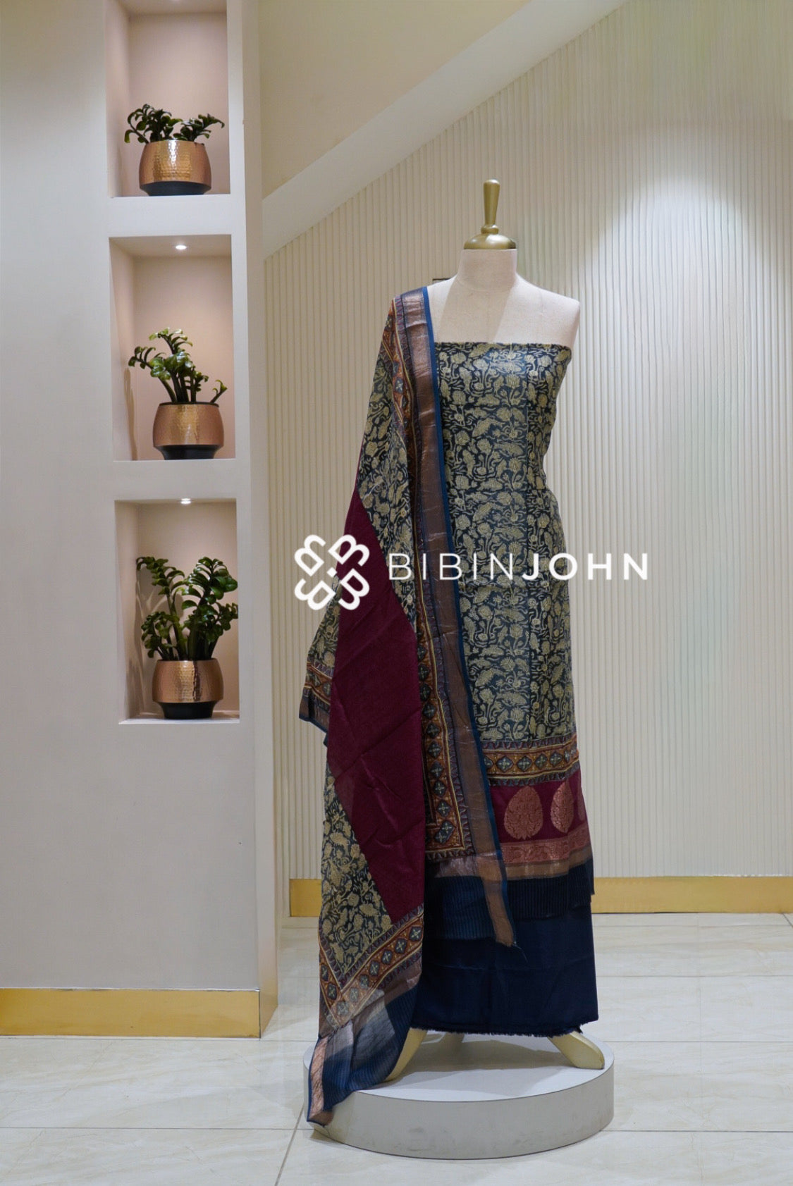 Printed Chanderi Unstitched Salwar Suit Material Navy Blue BJ2233