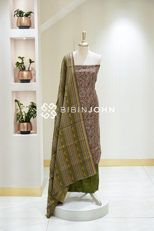 Semi Silk Printed Unstitched Salwar Suit Materials Olive Green BJ2207