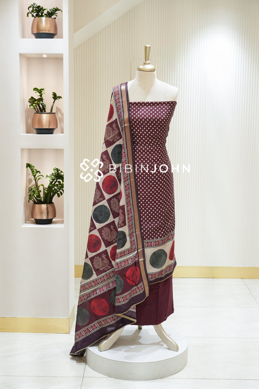 Printed Semi Silk Unstitched Salwar Suit Material Wine Maroon BJ2227