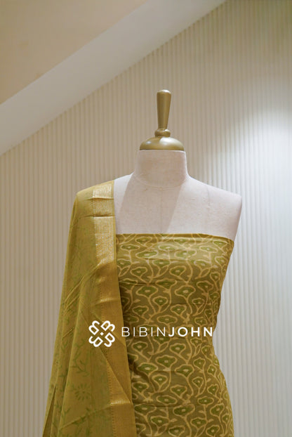 Printed Cotton Unstitched Salwar Suit Material Mustard Olive BJ2252