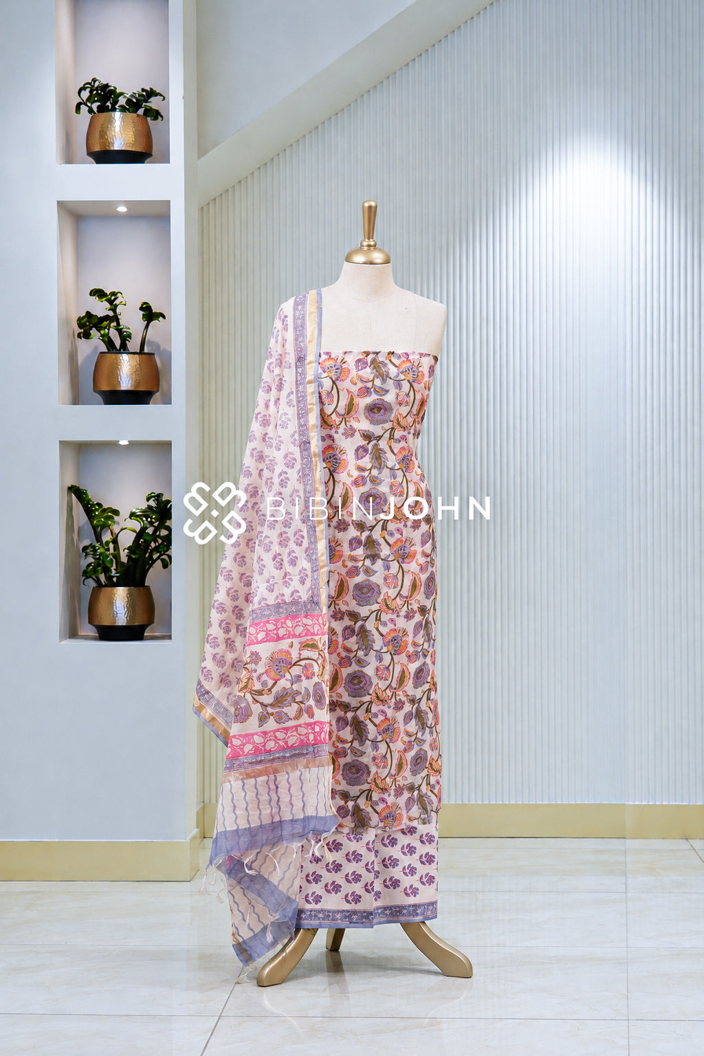 Printed Chanderi Unstitched Salwar Suit Material Ivory White BJ1956