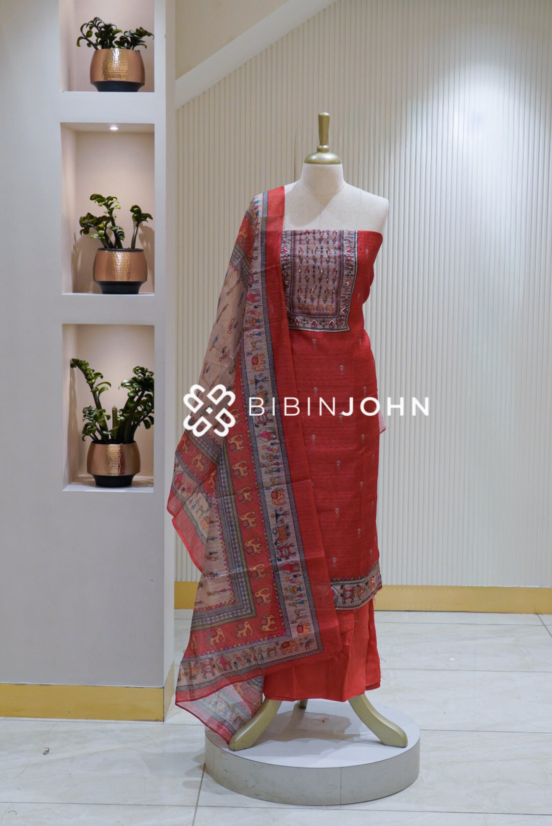 Semi Silk Embroidery Unstitched Salwar Suit Material Brick Red BJ2519